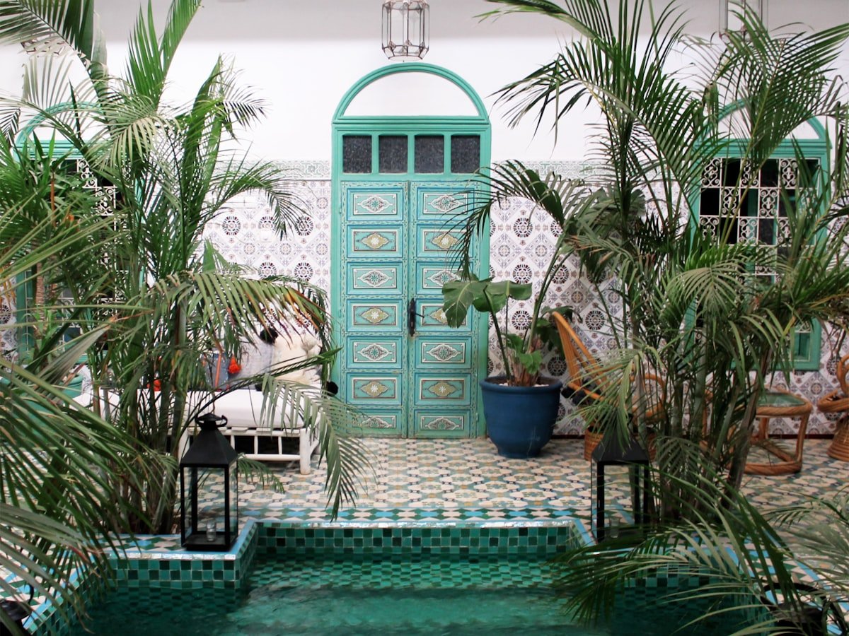 The courtyard at the surf house in Taghazout