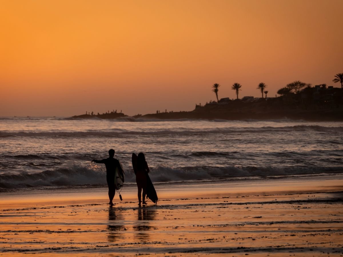 Sunset over the point break at Taghazout, Morocco